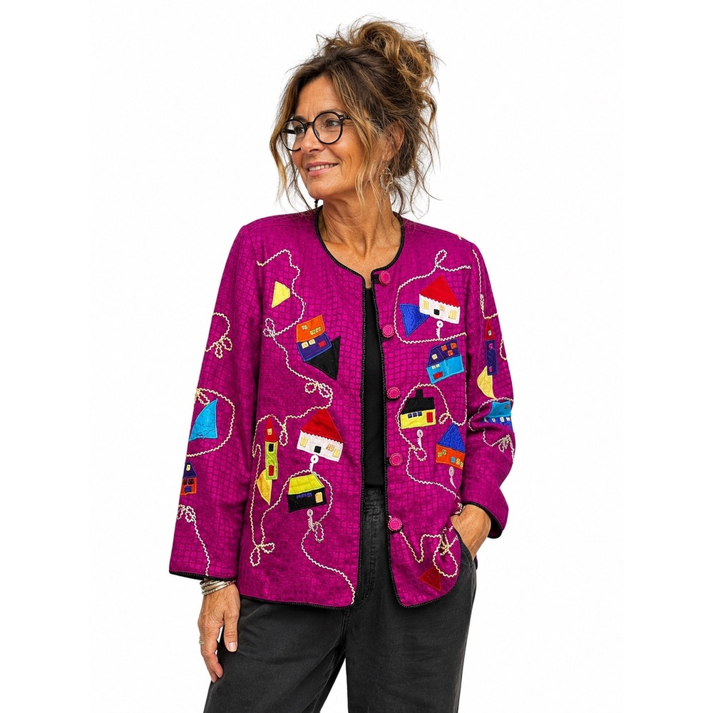 Allure Vintage Magenta Pink Embroidered Art To Wear Eclectic Folk Art Jacket S‎